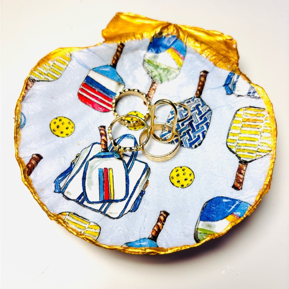 Handcrafted Shell Ring Dish With Pickleball Decoupage Design